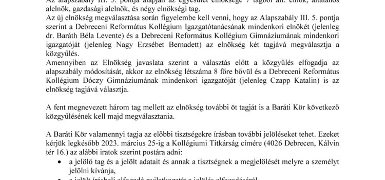 A Debreceni Református Kollégium Baráti Köre Elnökségének tájékoztatása az egyesület esedékes tisztújításáról